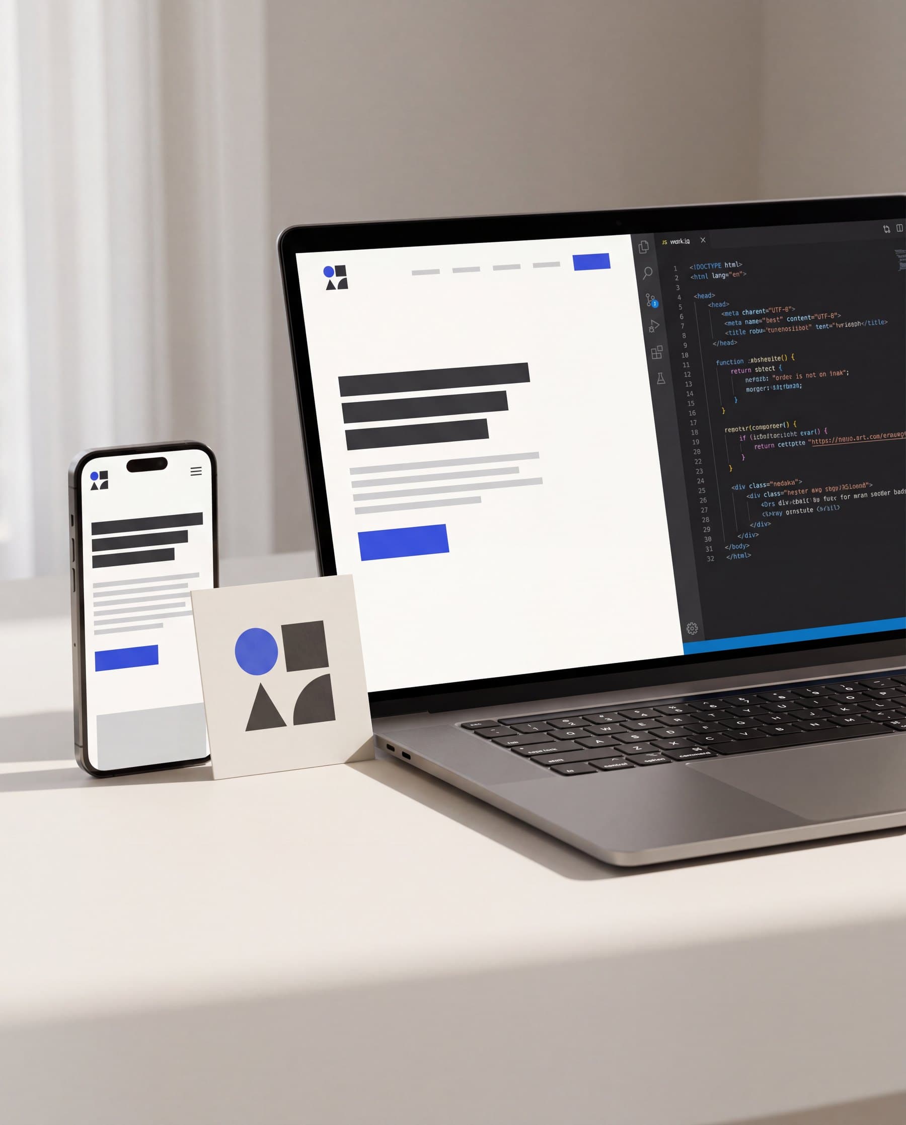 Vizualizim: një laptop me dizajnin e një web faqeje pranë kodit të saj, një telefon me versionin për celular dhe një kartë me logon e ArtWorks