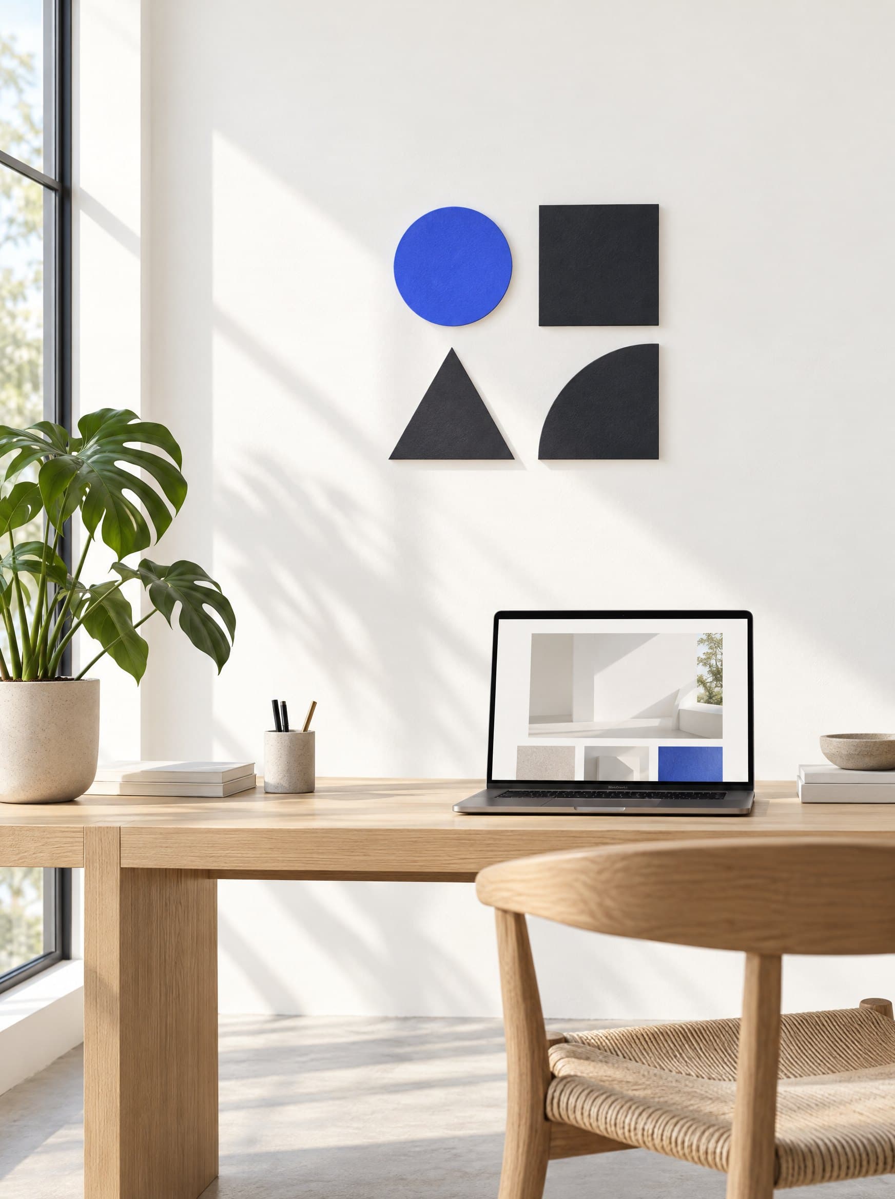 Bright studio with the ArtWorks symbol on the wall above a wooden desk and laptop